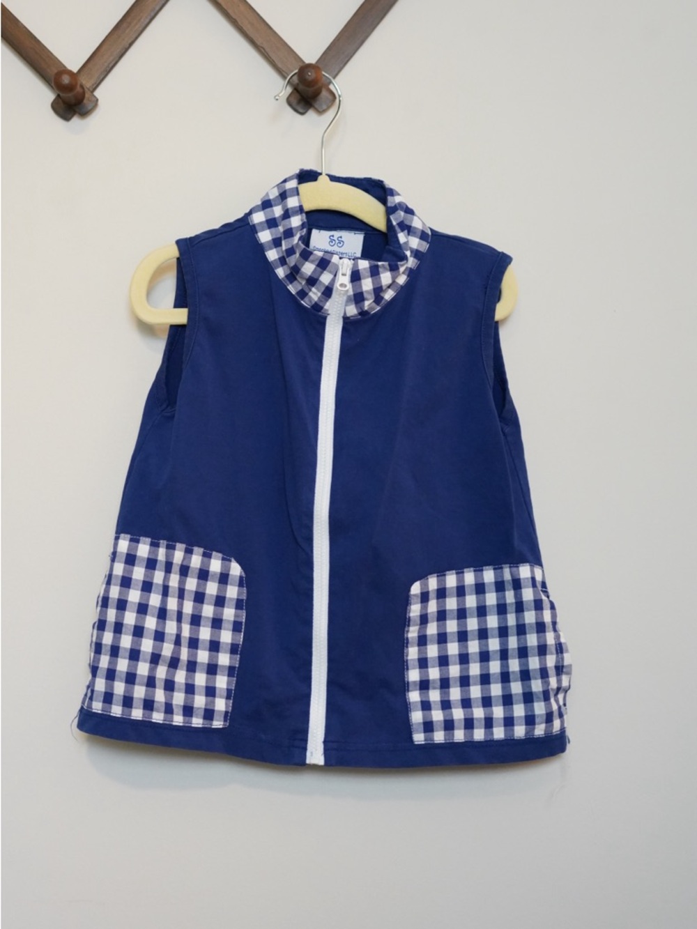 Smocked Sisters Navy Blue Gingham Trim Sleeveless Zip Dress Size 3